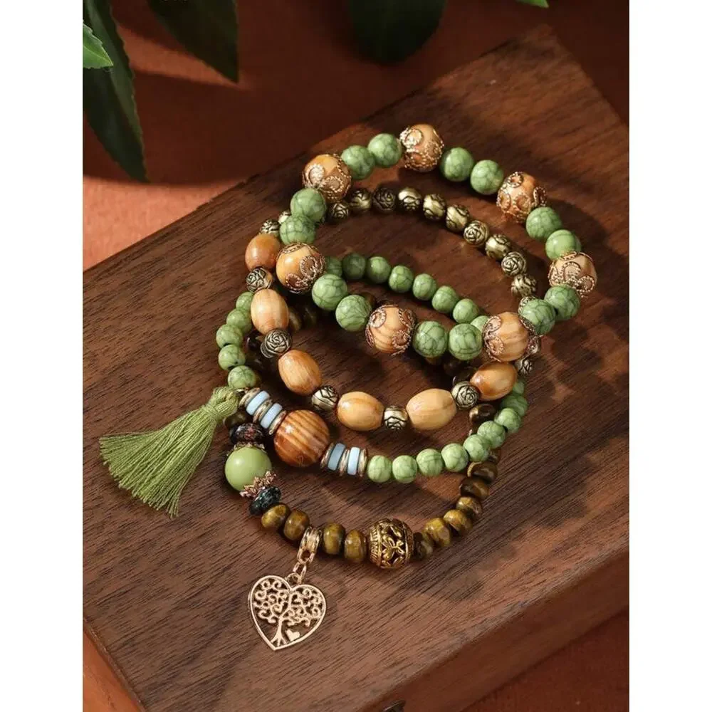 4pcs/Set Bohemian Style Heart Tree Of Life Pendant Wood Beaded Bracelets Set - Picture 3 of 3